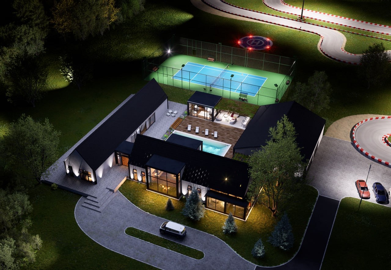 Aerial render of ApexHaus villa with private Formula-inspired track